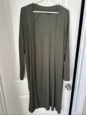 Long Ribbed Open Front Cardigan - Olive Green